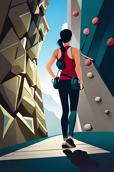 Woman surveying a wall with rock climbing holds